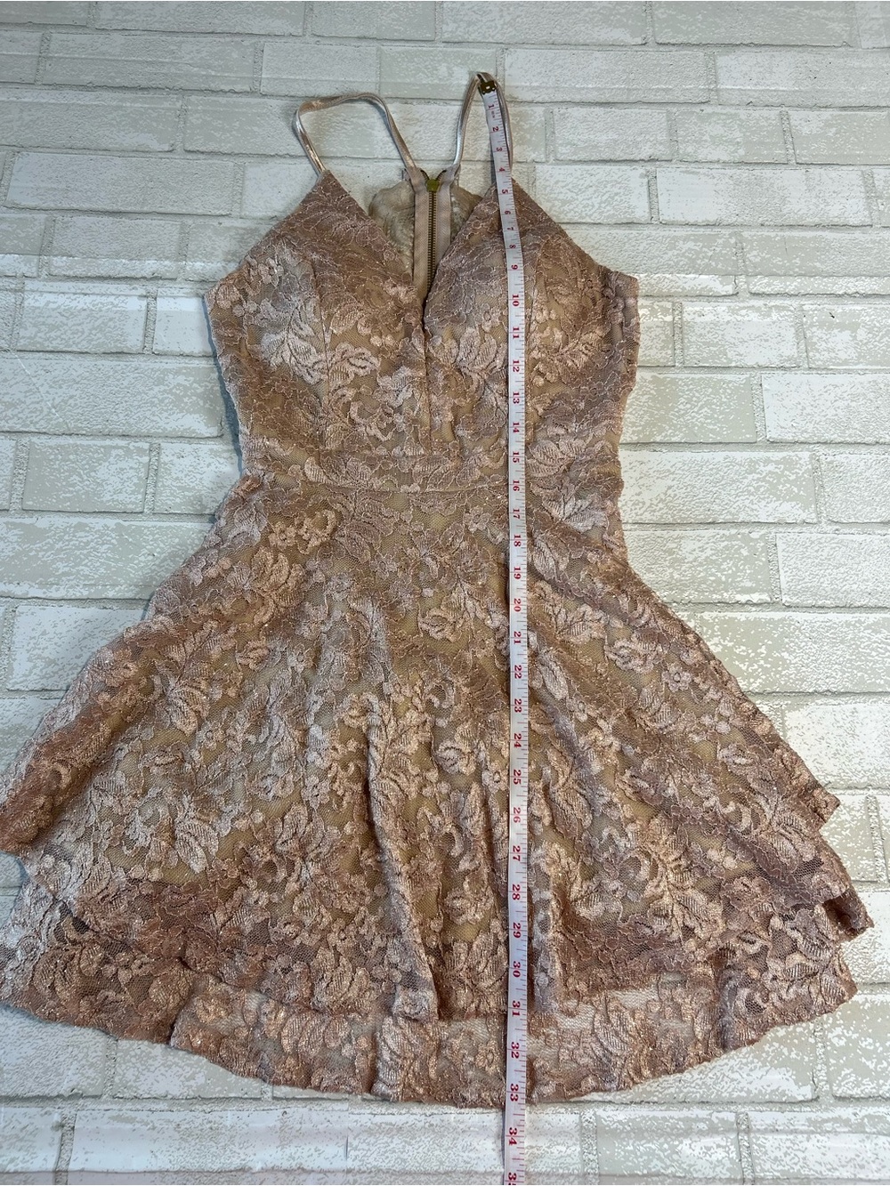 Windsor Homecoming Strappy Lace Fit & Flare Mini Dress in Taupe size large - Picture 6 of 9